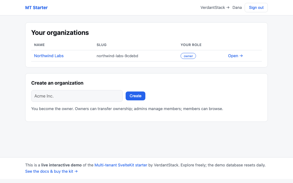 Invite flow: owner creates a one-time invite link, a new member accepts via the link, the owner sees them listed
