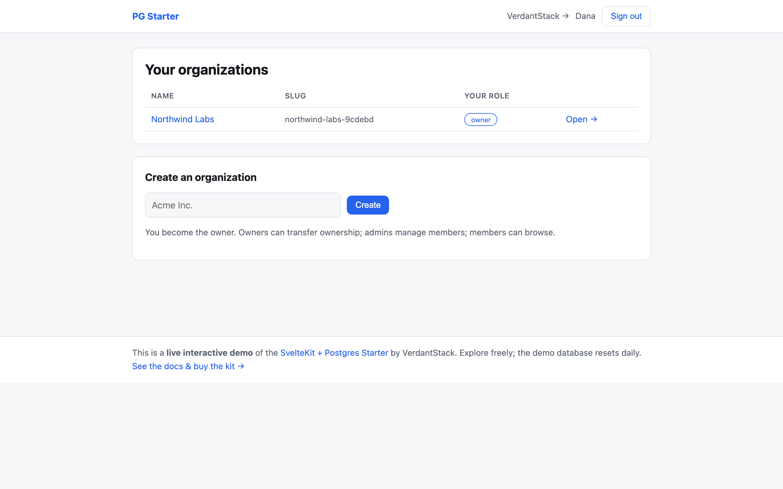 Live demo: organizations home after sign-in