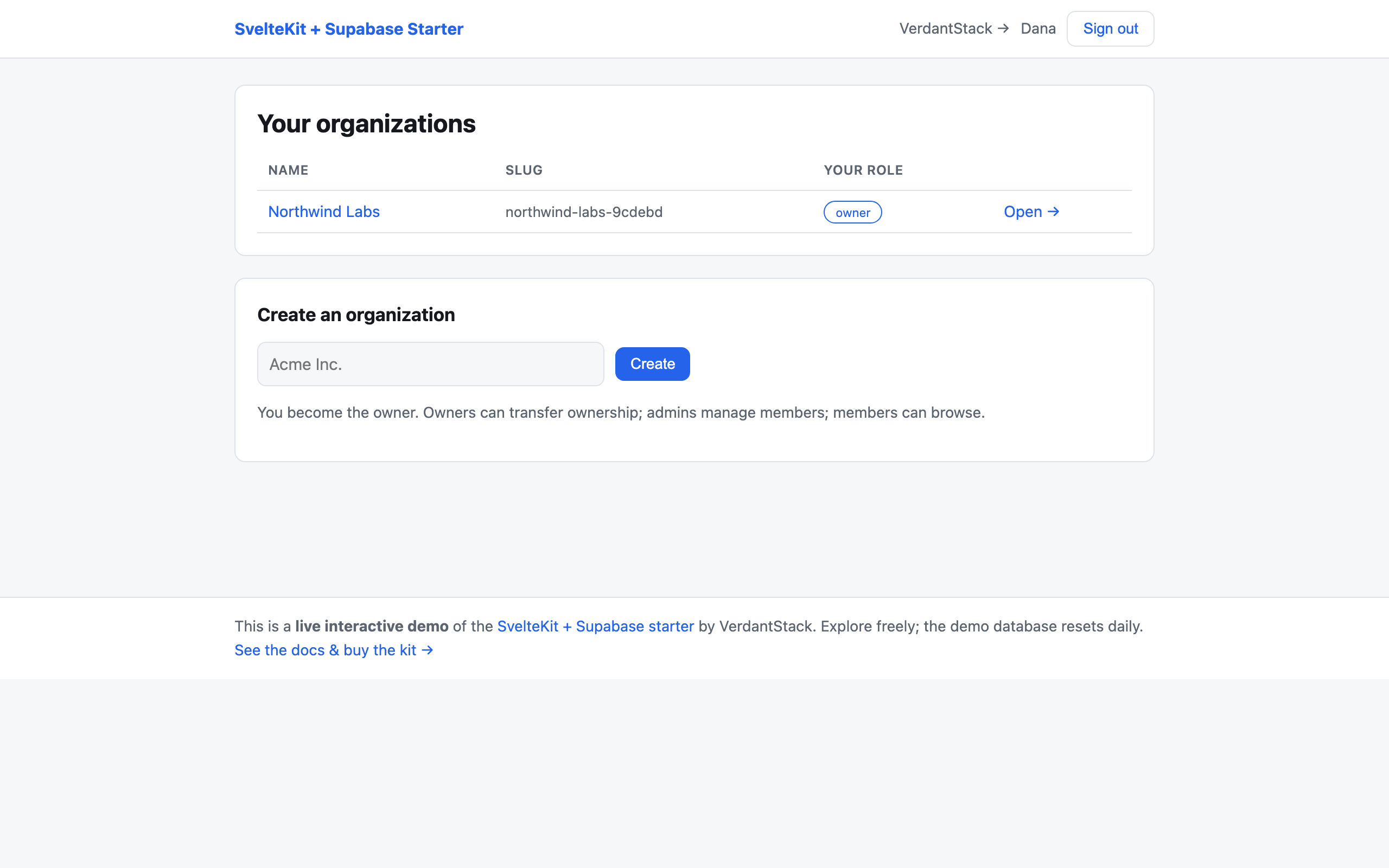Live demo: organizations home after sign-in