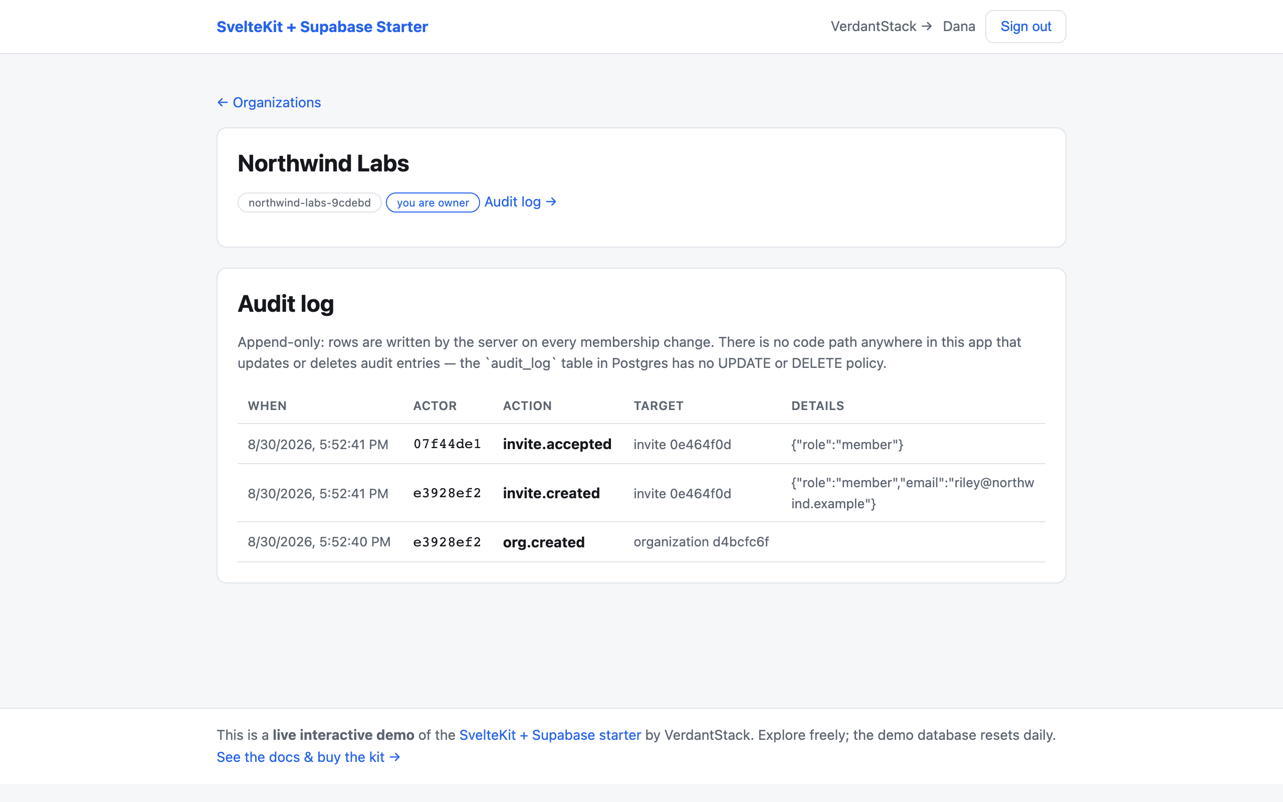 Live demo: append-only org audit log